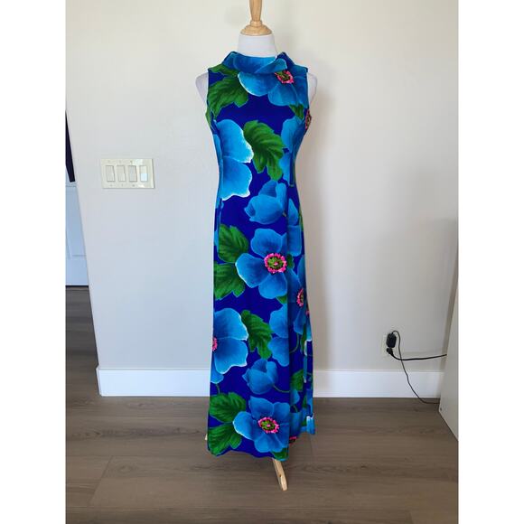 VINTAGE 60's 70's Sun Fashions of Hawaii Dress Maxi Sleeveless Blue Floral Sz 12 - Picture 1 of 5